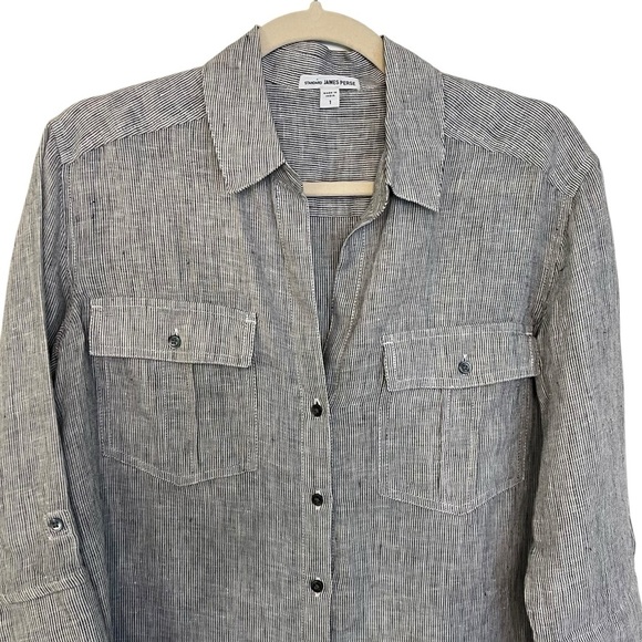 James Perse Linen Stripe Button Front Shirt Black White Size 1 Small Coastal - Picture 2 of 6